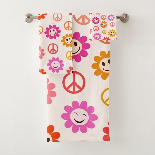 Happy Smiling Flowers-patroon met vredestekens Bad Handdoek (Insitu)