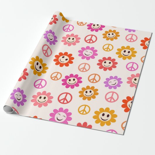 Happy Smiling Flowers-patroon met vredestekens Cadeaupapier (Uitgerold)