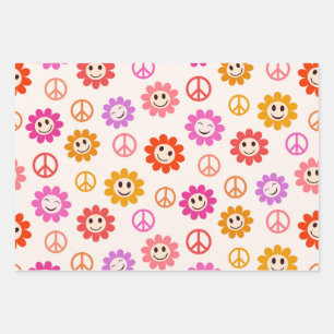 Happy Smiling Flowers-patroon met vredestekens Inpakpapier Vel