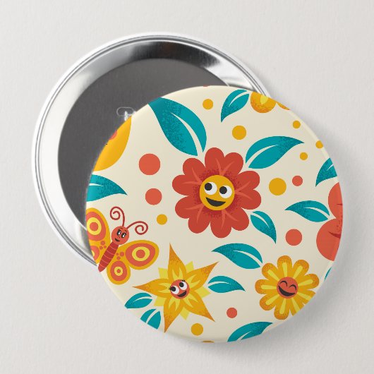 Happy Smiling Flowers Pattern Ronde Button 4,0 Cm (Voorkant /achterkant)