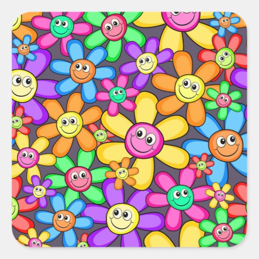 Happy Smiling Spring Garden Flowers Vierkante Sticker (Voorkant)