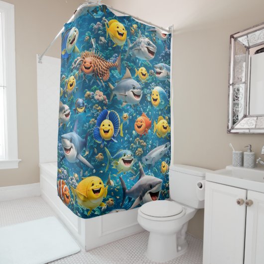 happy smiling under sea creatures, shower curtain douchegordijn (In situ)