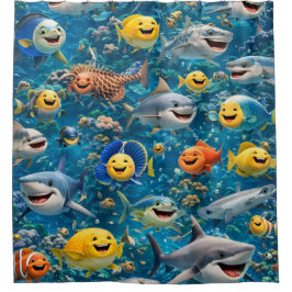 happy smiling under sea creatures, shower curtain douchegordijn