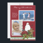 Happy Snowman 2-fotokerstkaart Feestdagenkaart<br><div class="desc">Een gelukkige sneeuwman in combinatie met een gingerbroodman en vakantievormende versieringen en deze 2 foto-kerstkaart. Het gingham-lint en de kant maken het 'landstijl'-ontwerp compleet. De kaart is eenvoudig aan te passen met uw tekst, lettertype, lettertypekleur en keuze uit zes papiertypen. Niet precies wat je zoekt? Al onze producten kunnen zonder...</div>