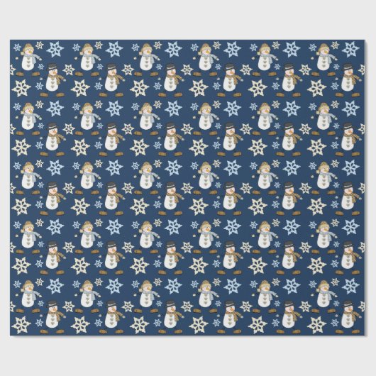 Happy Snowman Blue Kerstmis Cadeaupapier (Vlak)