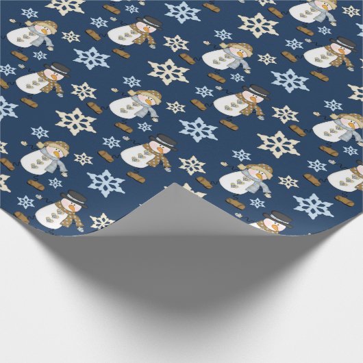 Happy Snowman Blue Kerstmis Cadeaupapier (Hoek)
