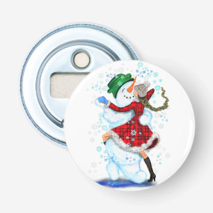 Happy Snowman en Girl Dance Tango Kerstfeest Button Flesopener