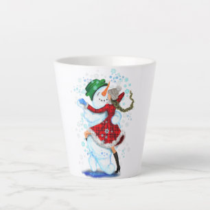 Happy Snowman en Girl Dance Tango Kerstfeest Latte Mok
