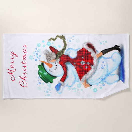 Happy Snowman en Girl Dance Tango Kerstfeest Strandlaken (Voorkant)