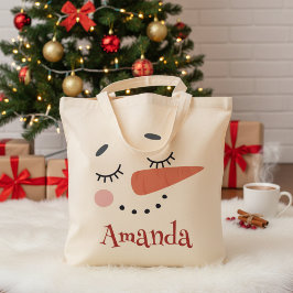 Happy Snowman Face Personal Name Holiday Tote Bag