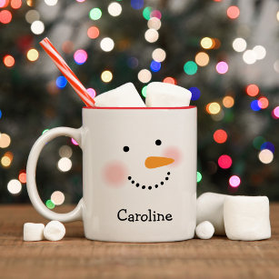 Happy Snowman Face Personal Name Holiday Tweekleurige Koffiemok