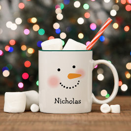 Happy Snowman Face Personal Name Holiday Tweekleurige Koffiemok