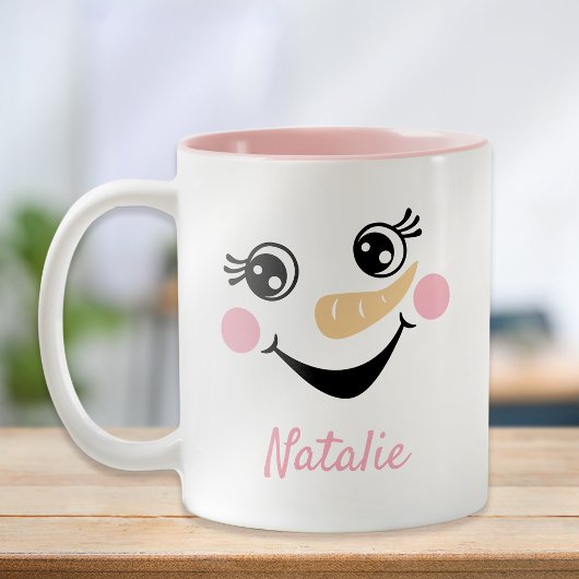 Happy Snowman Face Personal Name Holiday Tweekleurige Koffiemok