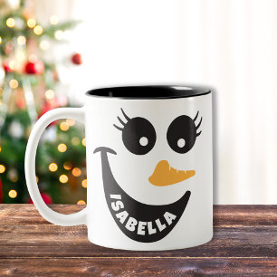 Happy Snowman Face Persoonlijke naam Holiday Gift Tweekleurige Koffiemok