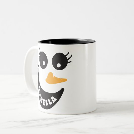 Happy Snowman Face Persoonlijke naam Holiday Gift Tweekleurige Koffiemok (Voorkant links)