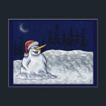 Happy Snowman Feestdagenkaart<br><div class="desc">Deze heerlijke sneeuwman met de gekke grijns onder de maanverlichte hemel zal de dag van diegenen waar je hem naartoe stuurt opfleuren met je vakantiegroeten van vreugde. Origineel digitaal schilderij van Leslie Sigal Javorek.</div>