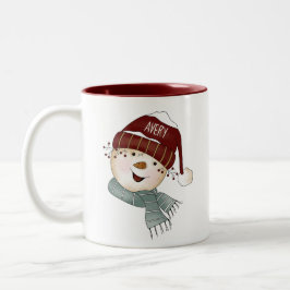 Happy Snowman gepersonaliseerde naam Tweekleurige Koffiemok