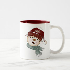 Happy Snowman gepersonaliseerde naam Tweekleurige Koffiemok