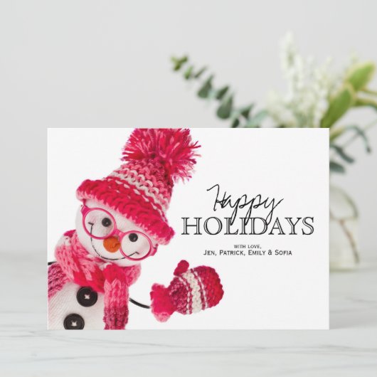 Happy Snowman gespectaculeerd in rond gebreid roze Feestdagenkaart (Staand voorkant)