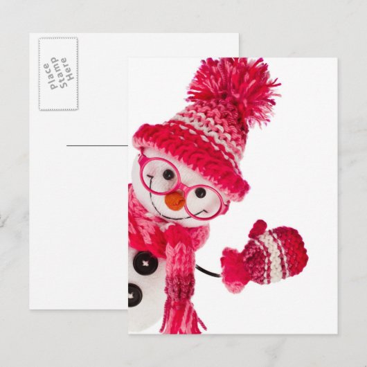 Happy Snowman in gebreid roze Pet Briefkaart (Voorkant / Achterkant)