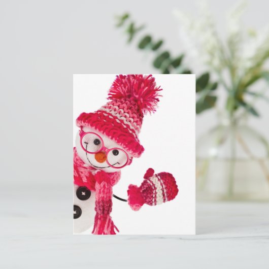 Happy Snowman in gebreid roze Pet Briefkaart (Staand voorkant)