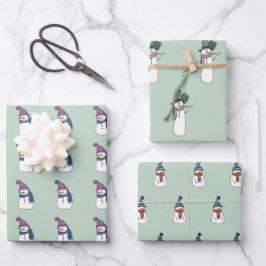 Happy Snowman in Mint Wrapping Paper set van 3