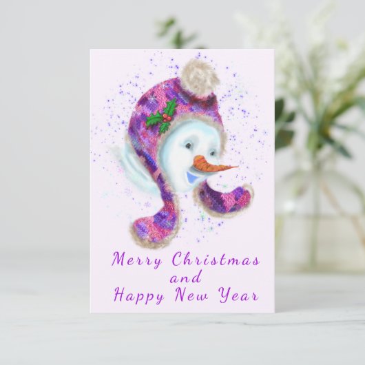 Happy Snowman in Paarse roze Beanie Winter Pet Fun (Staand voorkant)