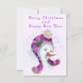 Happy Snowman in Paarse roze Beanie Winter Pet Fun (Achterkant)