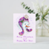 Happy Snowman in Paarse roze Beanie Winter Pet Fun Briefkaart (Staand voorkant)