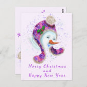Happy Snowman in Paarse roze Beanie Winter Pet Fun Briefkaart (Voorkant / Achterkant)