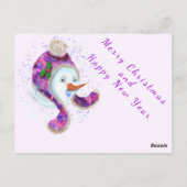 Happy Snowman in Paarse roze Beanie Winter Pet Fun Briefkaart (Achterkant)