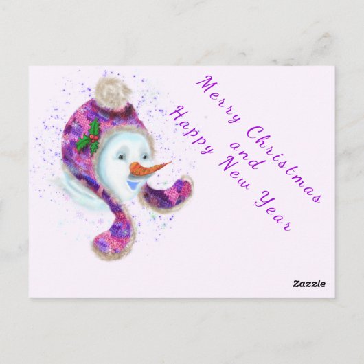 Happy Snowman in Paarse roze Beanie Winter Pet Fun Briefkaart (Achterkant)