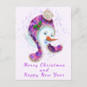 Happy Snowman in Paarse roze Beanie Winter Pet Fun Briefkaart (Voorkant)