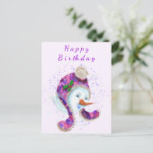 Happy Snowman in Paarse roze Beanie Winter Pet Fun Briefkaart (Staand voorkant)