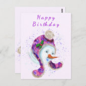 Happy Snowman in Paarse roze Beanie Winter Pet Fun Briefkaart (Voorkant / Achterkant)