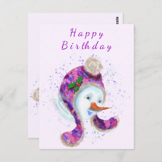 Happy Snowman in Paarse roze Beanie Winter Pet Fun Briefkaart (Voorkant / Achterkant)