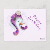 Happy Snowman in Paarse roze Beanie Winter Pet Fun Briefkaart (Achterkant)