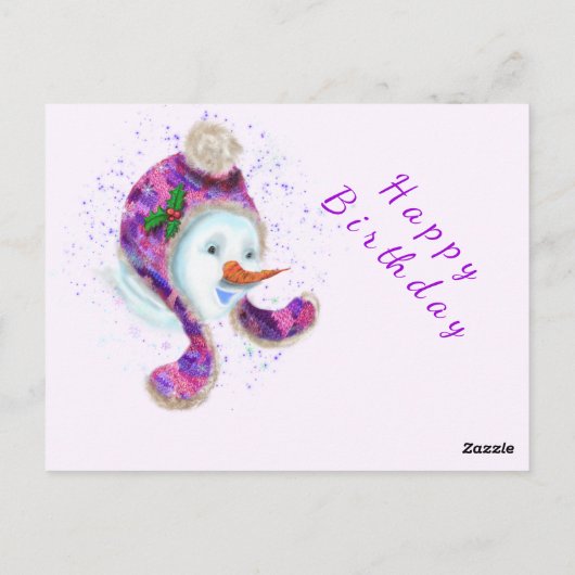 Happy Snowman in Paarse roze Beanie Winter Pet Fun Briefkaart (Achterkant)