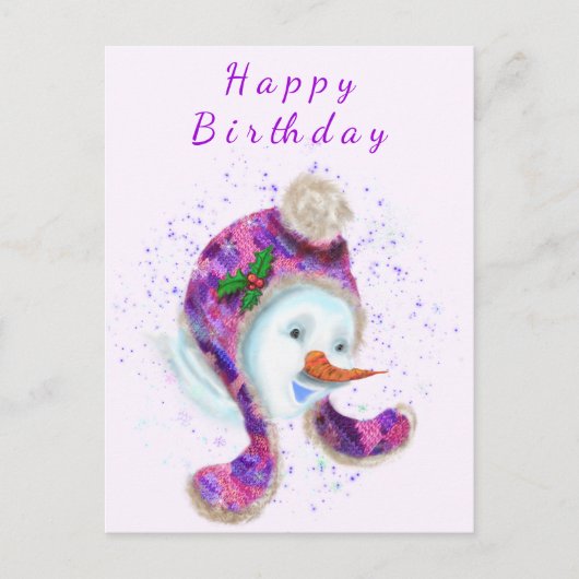 Happy Snowman in Paarse roze Beanie Winter Pet Fun Briefkaart (Voorkant)