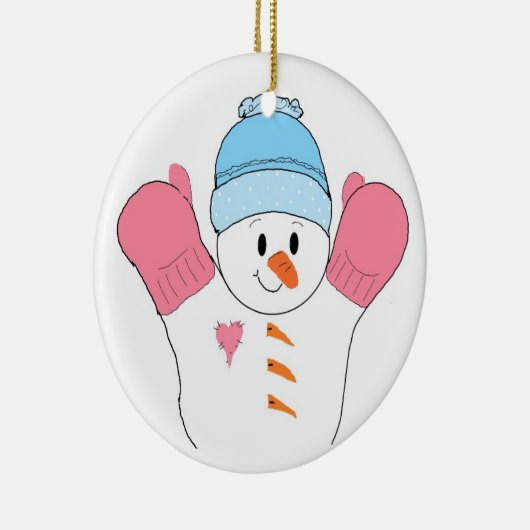 Happy Snowman in Pink Mittens Keramisch Ornament (Rechts)