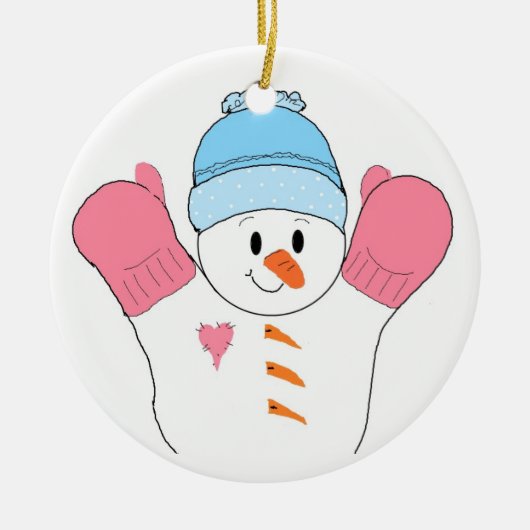 Happy Snowman in Pink Mittens Keramisch Ornament (Voorkant)