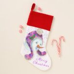 Happy Snowman Kerstmis stoppen Kerstsok<br><div class="desc">Kerstkousen met Happy Snowman In Paarse Roze Beanie Winter Pet Fun Christmas Painting Collectie - of Kies / Voeg Uw Unieke Tekst / Naam / Kleur - Maak Uw Speciale Christmas Stocking Gift - Formaat wijzigen en verplaatsen of verwijderen / elementen toevoegen - afbeelding / tekst met maatwerktool. Schilderen en...</div>