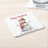 Happy Snowman Merry Christmas Custom familienaam Kartonnen Onderzetters (Schuin)