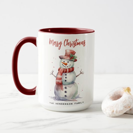Happy Snowman Merry Christmas Custom familienaam Mok (Met donut)