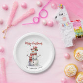 Happy Snowman Merry Christmas Custom familienaam Papieren Bordje (Feest)