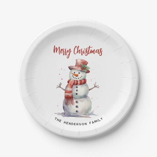 Happy Snowman Merry Christmas Custom familienaam Papieren Bordje (Voorkant)