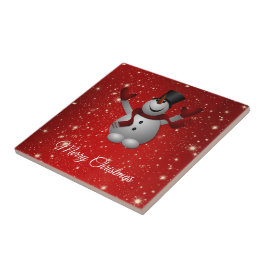 Happy Snowman met Pet en handschoenen Tegeltje