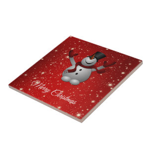 Happy Snowman met Pet en handschoenen Tegeltje