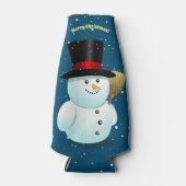 Happy Snowman met Pet uit de top van de vilt Flesjeskoeler (Voorkant)