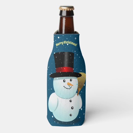 Happy Snowman met Pet uit de top van de vilt Flesjeskoeler (Fles Voorkant)